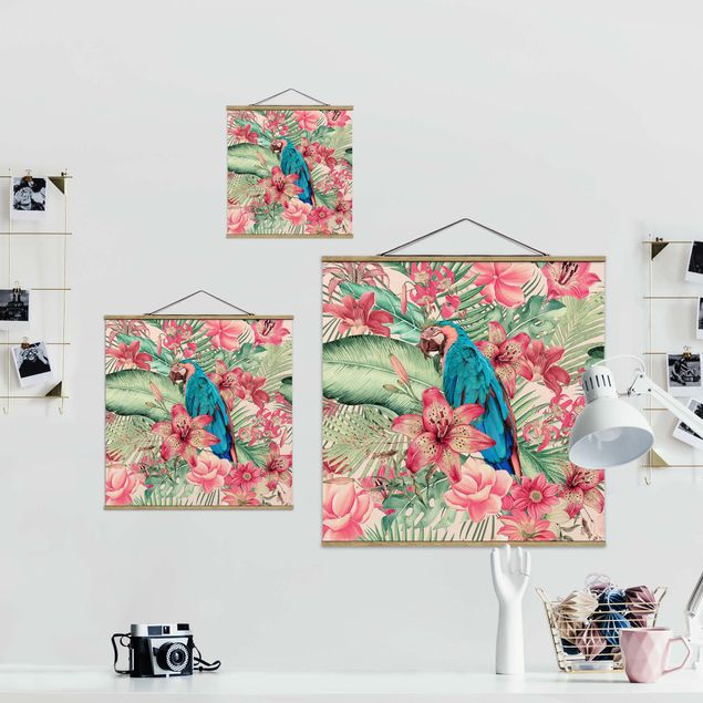 Foto su tessuto da parete con bastone - Paradiso floreale con pappagallo tropicale - Quadrato 1:1
