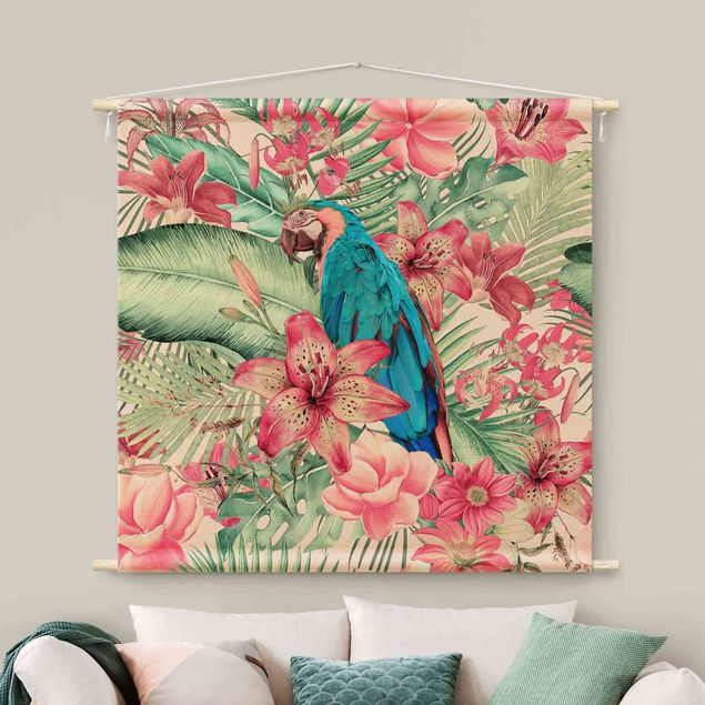Arazzi da parete xxl Paradiso floreale con pappagallo tropicale