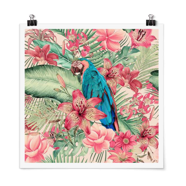 Poster - Paradiso floreale con pappagallo tropicale