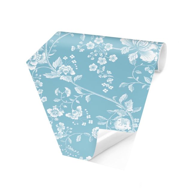Carta da parati esagonale adesiva con disegni - Viticcio floreale su sfondo blu