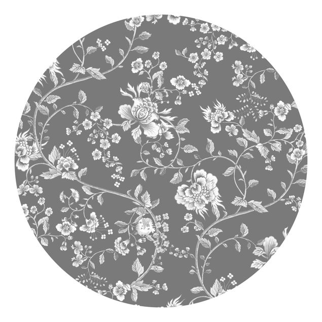 Carta da parati rotonda Viticci di fiori su grigio