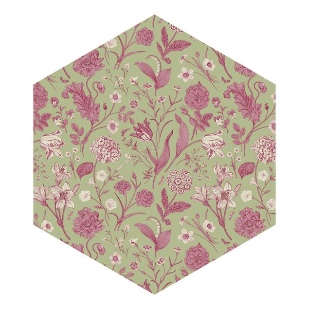 Carta da parati esagonale adesiva con disegni - Danza floreale in verde menta e rosa pastello