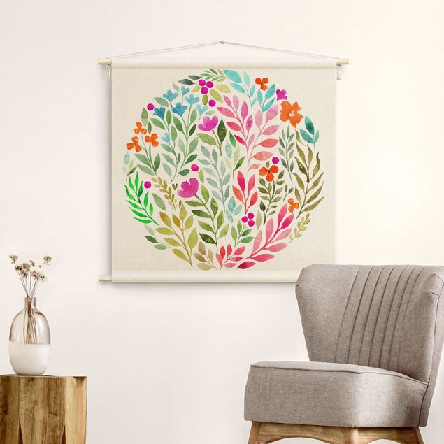 Arazzi da parete colorato Acquerello floreale in cerchio