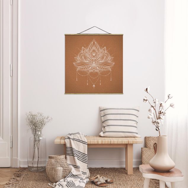 Foto su tessuto da parete con bastone - Fiore di loto boho bianco effetto sughero - Quadrato 1:1