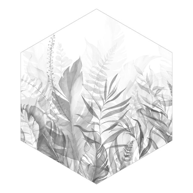 Fotomurale esagonale autoadesivo - Botanica - Foglie tropicali in grigio
