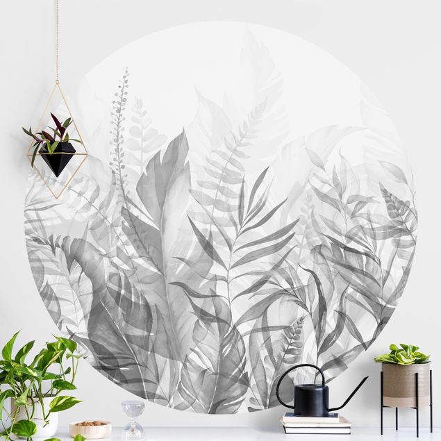 carta da parati effetto acquerello Botanica - Foglie tropicali grigio