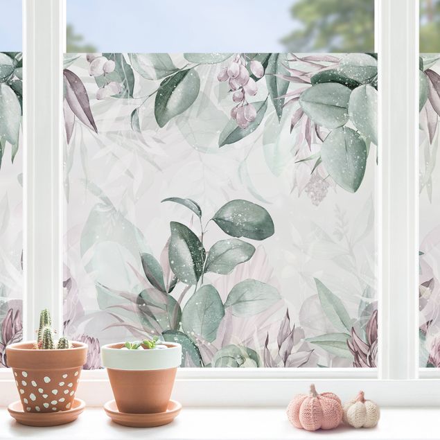 Pellicola per vetri con erbe Botanica in pastello verde & rosa