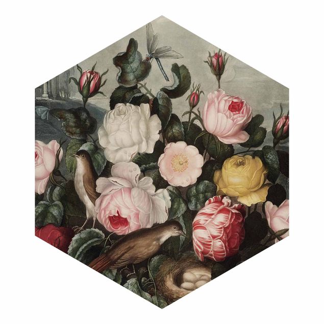 Carta da parati esagonale adesiva con disegni - Illustrazione botanica di rose vintage