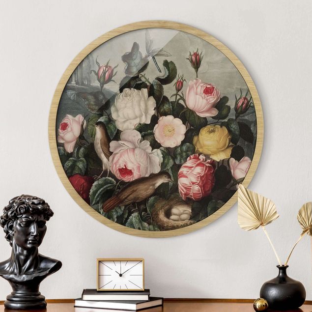 Poster con cornice rotonda Illustrazione botanica vintage di rose