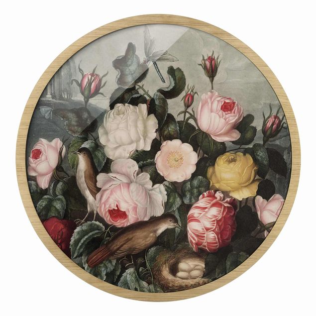 Quadro rotondo incorniciato - Illustrazione botanica di rose vintage