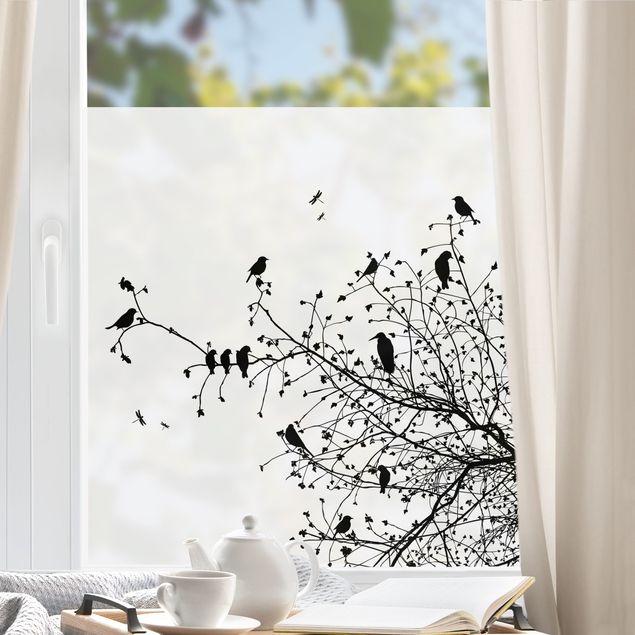 Pellicola per vetri nera Rami e uccelli in autunno