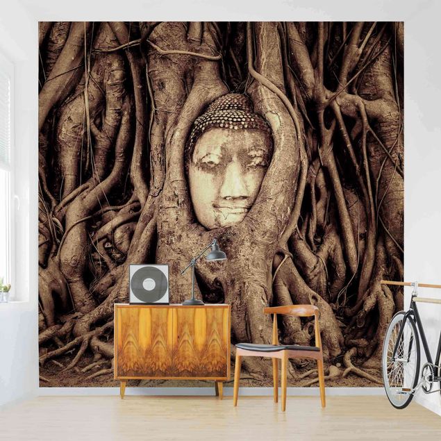 Carta da parati - Buddha in Ayutthaya lined by tree roots in brown