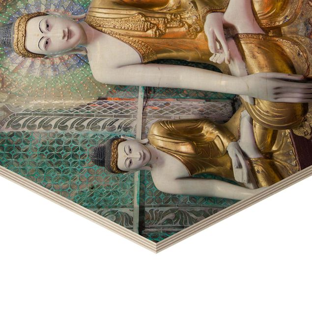 Esagono in legno - Statue di Buddha
