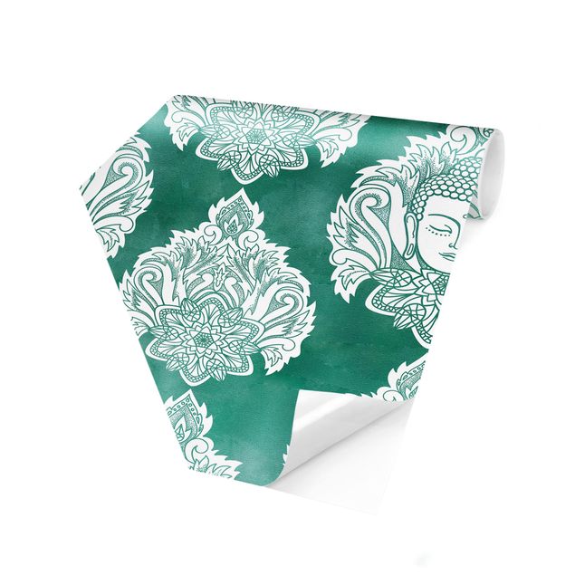 Carta da parati esagonale adesiva con disegni - Trama di fiori di loto con Buddha verde smeraldo
