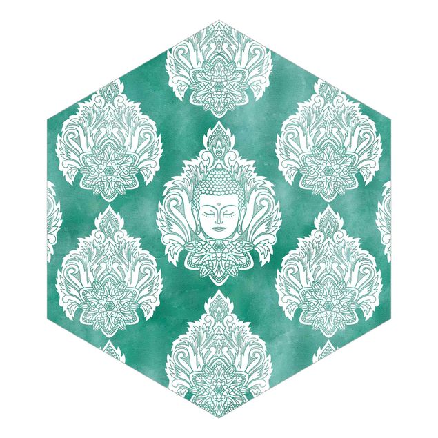 Carta da parati esagonale adesiva con disegni - Trama di fiori di loto con Buddha verde smeraldo