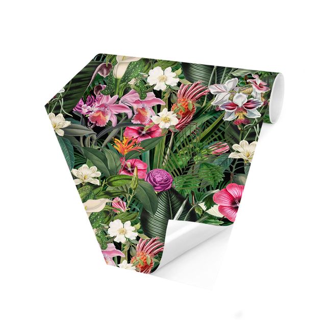 Carta da parati esagonale adesiva con disegni - Collage di fiori colorati tropicali