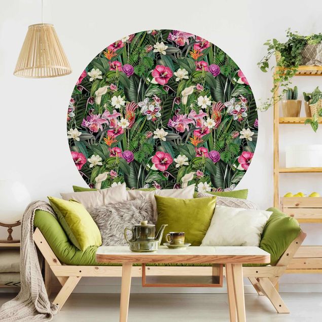 carta da parati effetto giungla Collage di fiori tropicali colorati