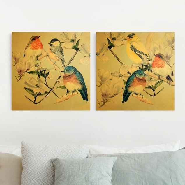 Quadri con uccelli Set Uccelli variopinti sul ramo di una magnolia