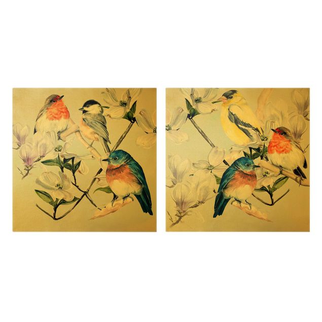 Quadri moderni per soggiorno Set Uccelli variopinti sul ramo di una magnolia