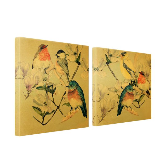 Stampe su tela Set Uccelli variopinti sul ramo di una magnolia