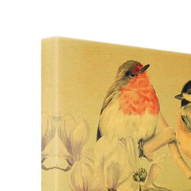 Stampa su tela 2 parti - Uccellini colorati su un ramo di magnolia set