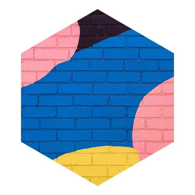 Fotomurale esagonale autoadesivo - Parete di mattoni colorati in blu e rosa