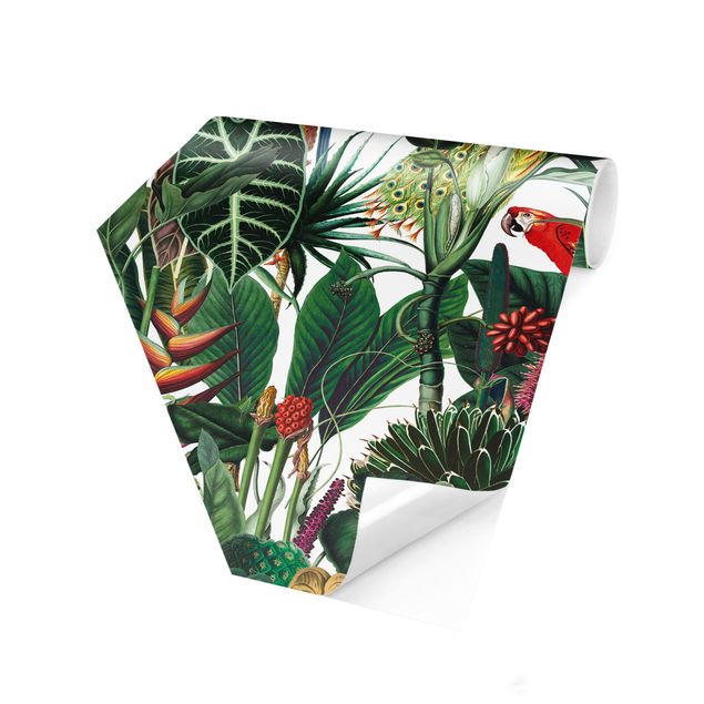 Carta da parati esagonale adesiva con disegni - Trama di foresta pluviale colorata