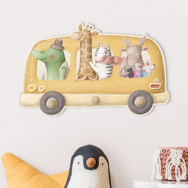 Wandgarderobe mit Tieren Kinderzimmer Autobus pieno di animali acquerello