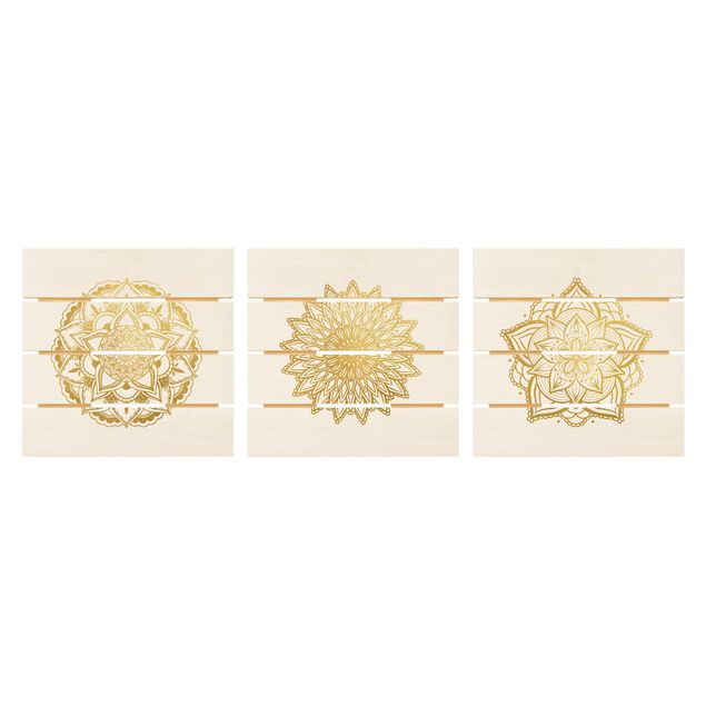 Quadro in legno effetto pallet - Mandala Fiore Sun illustrazione imposta gold - Quadrato 1:1