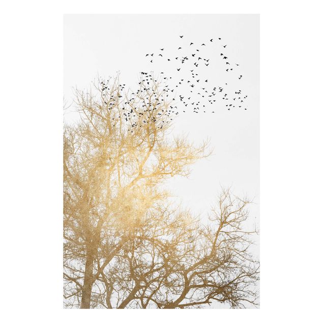 Stampa su Forex - Stormo di uccelli davanti ad un albero dorato - Verticale 3:2