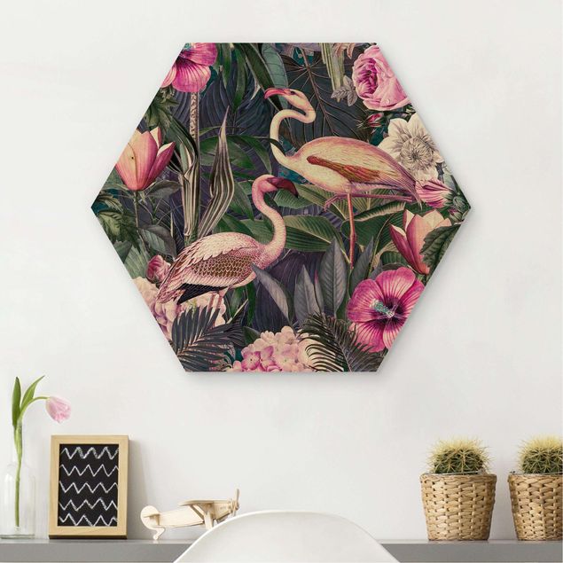 quadri con animali Collage colorato - Fenicotteri rosa nella giungla