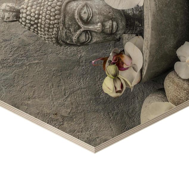 Esagono in legno - Zen Buddha, orchidee e pietre
