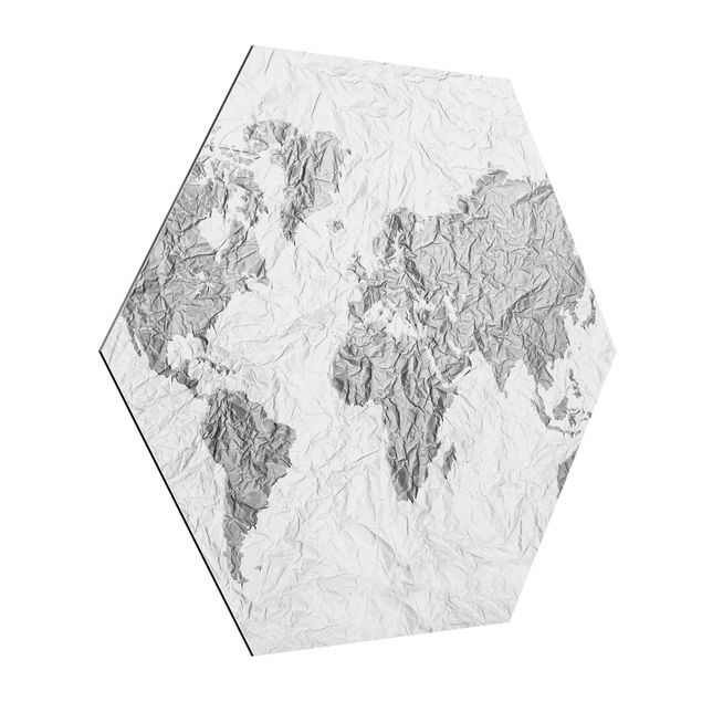 Esagono in Alluminio Dibond - Paper World Map Bianco Grigio