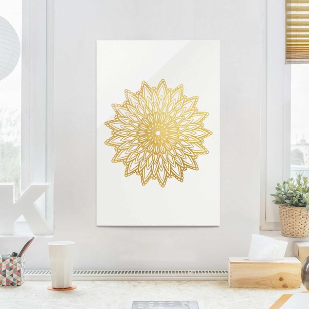 Lavagna magnetica in vetro Mandala Sole Illustrazione Oro Bianco