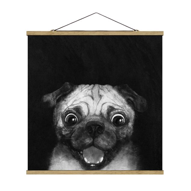 Quadro su tessuto con stecche per poster - Laura Graves - Illustrazione Pug Dog Pittura Su Bianco e nero - Quadrato 1:1