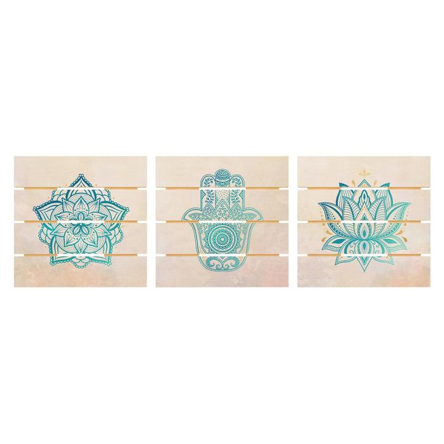 Quadro in legno effetto pallet - Mandala Hamsa mano Lotus Set oro blu - Quadrato 1:1