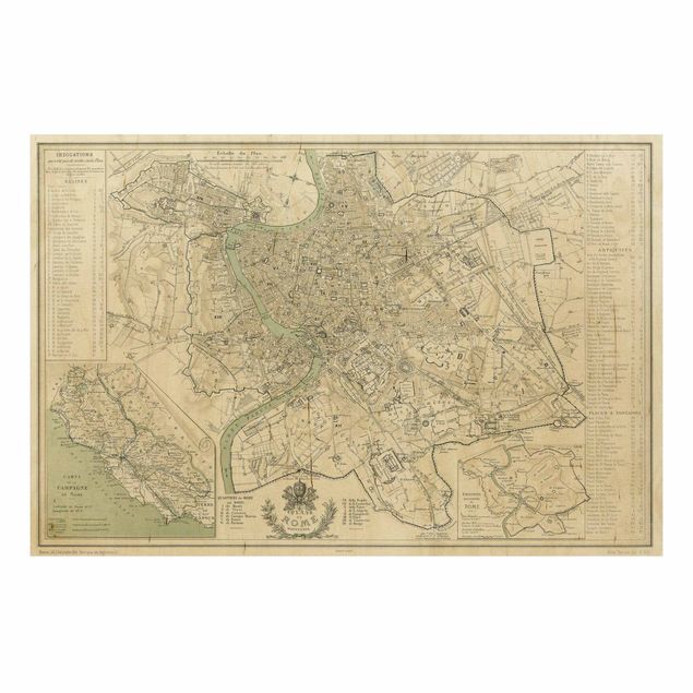 Stampa su legno - Vintage mappa di Roma antica - Orizzontale 2:3