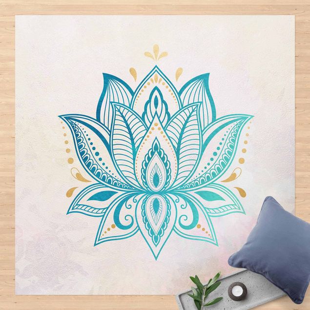 Tappeto da balcone Illustrazione di loto Mandala Oro Blu