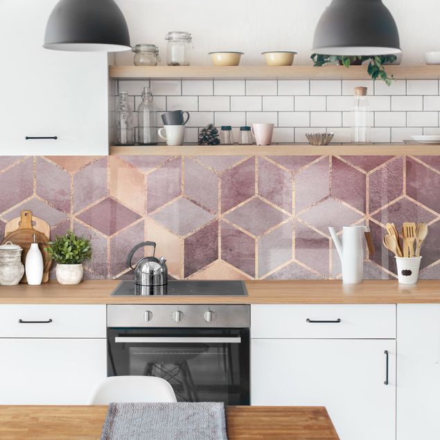 rivestimento adesivo cucina Geometria dorata rosa-grigio