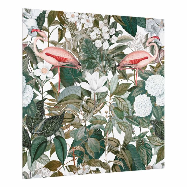 Paraschizzi in vetro - Fenicotteri rosa con foglie e fiori bianchi - Quadrato 1:1