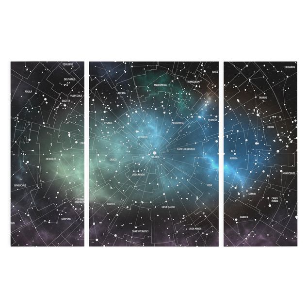 Stampa su tela 3 parti - Constellations map Galaxy fog - Trittico