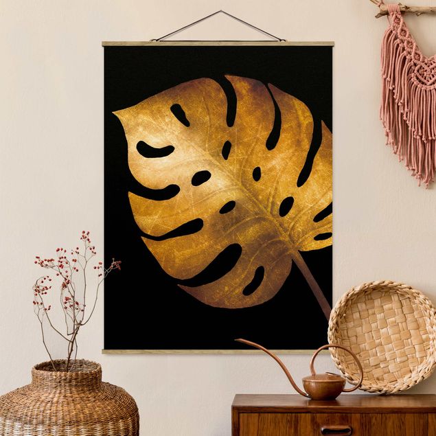Foto su tessuto da parete con bastone - Gold - Monstera On Black - Verticale 4:3