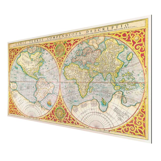Stampa su alluminio spazzolato - Storico Mappa del mondo Orbis Descriptio Terrare compendiosa - Orizzontale 1:2