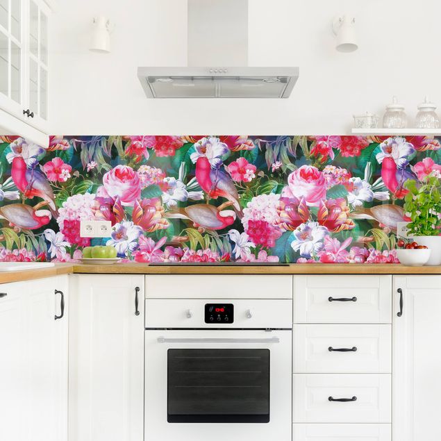 Rivestimenti cucina di plastica Tropicali variopinti fiori con uccelli rosa