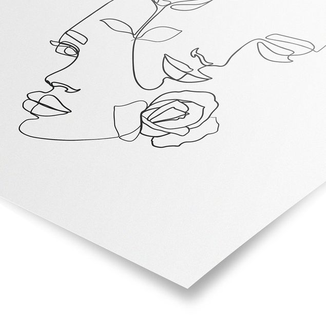 Poster - Line Art Faces donne Roses Bianco e nero - Quadrato 1:1