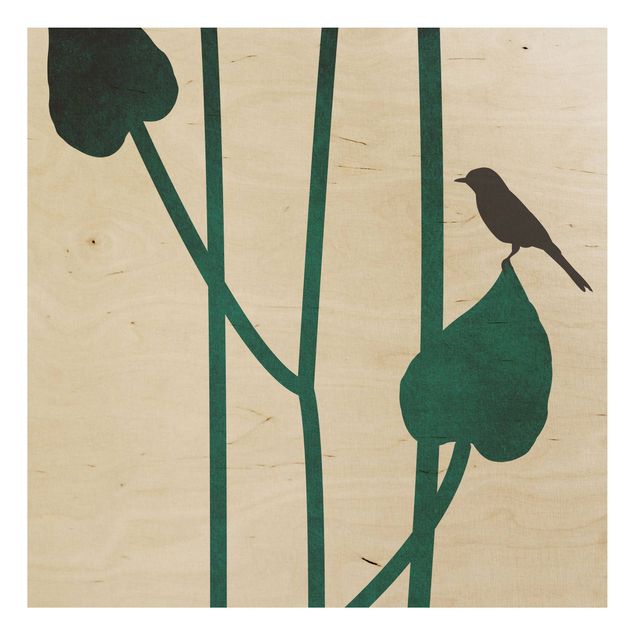 Stampa su legno - Mondo vegetale grafico - Uccellino su una foglia - Quadrato 1:1