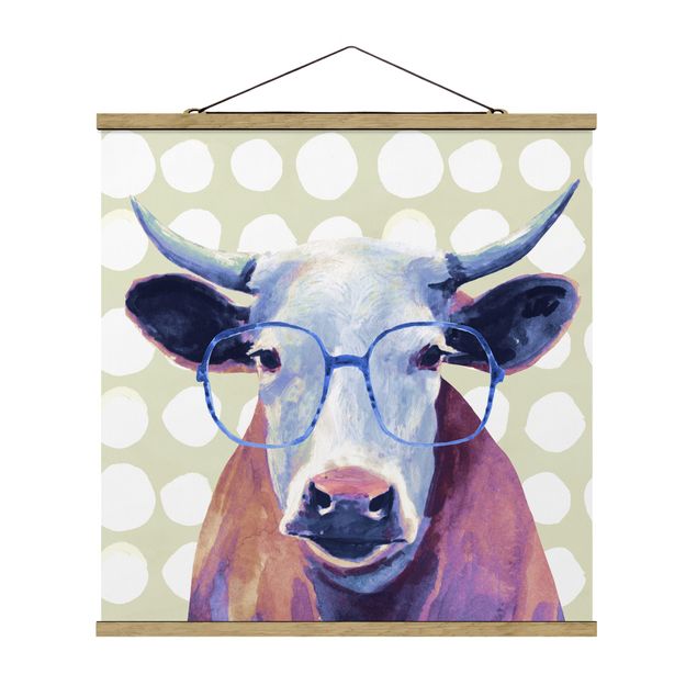 Quadro su tessuto con stecche per poster - Animali Occhialuto - Mucca - Quadrato 1:1
