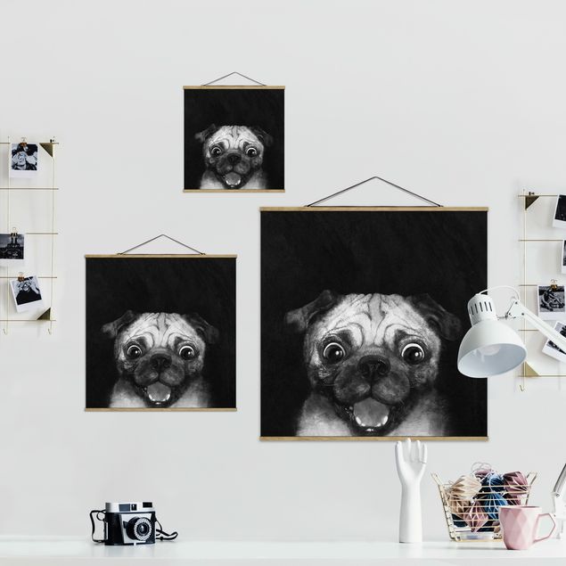 Quadro su tessuto con stecche per poster - Laura Graves - Illustrazione Pug Dog Pittura Su Bianco e nero - Quadrato 1:1