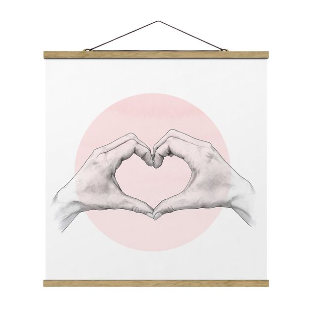 Quadro su tessuto con stecche per poster - Laura Graves - Illustrazione Cuore cerchio mani Rosa Bianco - Quadrato 1:1