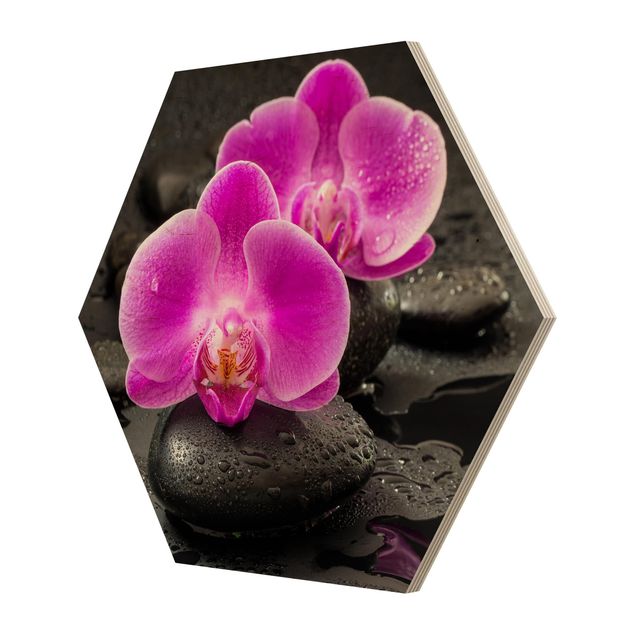 Esagono in legno - Pink Orchid Fiori Sulle Pietre Con Le Gocce
